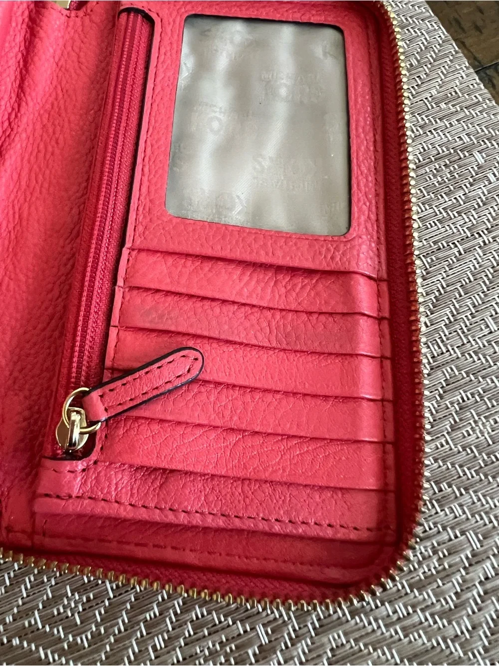 Michael Kors Fulton Pinkish Red Zip Around Leather Phone Case Wristlet Wallet